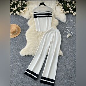 Women's White Wide-Leg Knit Pants with Black Stripe Hem